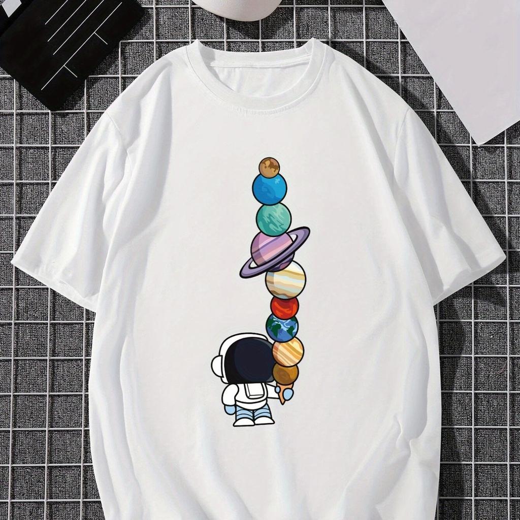 Summer Cotton Cartoon Astronaut Planet Print Loose Large Casual Round Neck Short Sleeve T-shirt