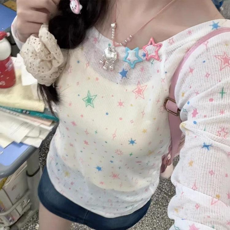 Hvězdný design Kryt proti slunci Potištěné tričko s dlouhým rukávem Slim-fit Jednoramenné Letní lichotivé topy s ochranou proti slunci pro pikantní dívky