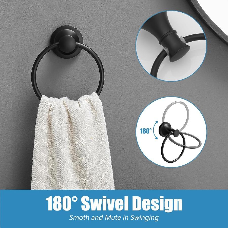 RUMOSE Toilet Paper Holder and Hand Towel Ring Matte Black Wall Mount Bathroom Hardware Accories 2 PCS Set Flexible Pivoting To