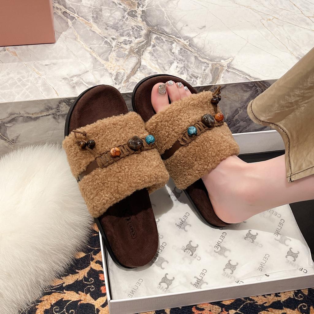 Fashion fringed wool slippers women's wear autumn new retro round head thick-soled wool half slippers