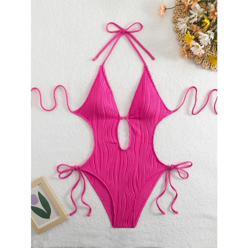Ribbed Knit Halter Cutout One Piece Swimsuit Tie Side High Cut Bathing SuitSolid Color