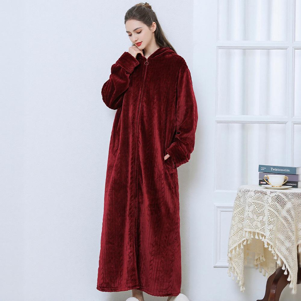 Winter Flannel Hooded Nightgown: Thick Coral Fleece, Long Sleeve, Plus Size, Ready Stock