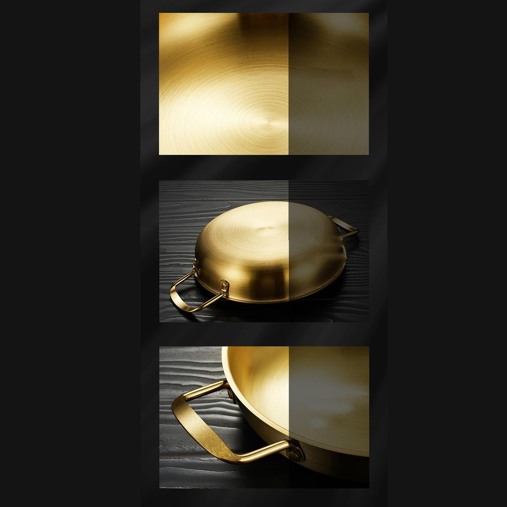 Doppelgriff-Bratpfannen 1350ML Verdickte Edelstahl-Bratpfanne mit flachem Boden zum Kochen von Meeresfrüchten, gebratenem Reis, Gold