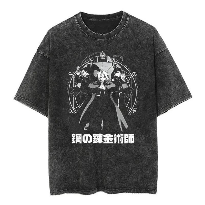 Hot Sale Mustang Roy Anime Fullmetal Alchemist Graphic Print T-Shirt Men Women Harajuku Hip Hop Vintage Washed Cotton Oversized Top Summer New Tee