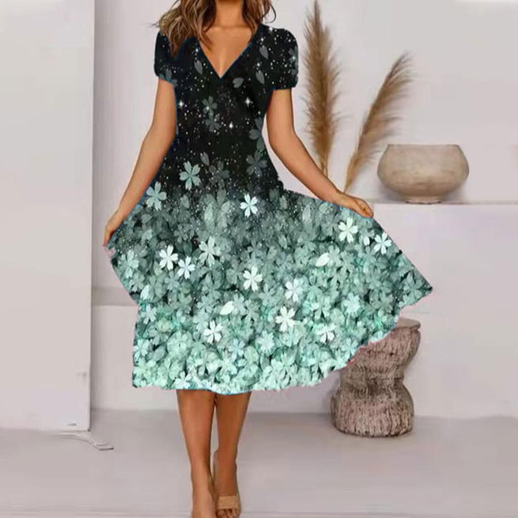 Women's Summer Casual Fashion Floral Print Short Sleeve V-Neck Swing Dress