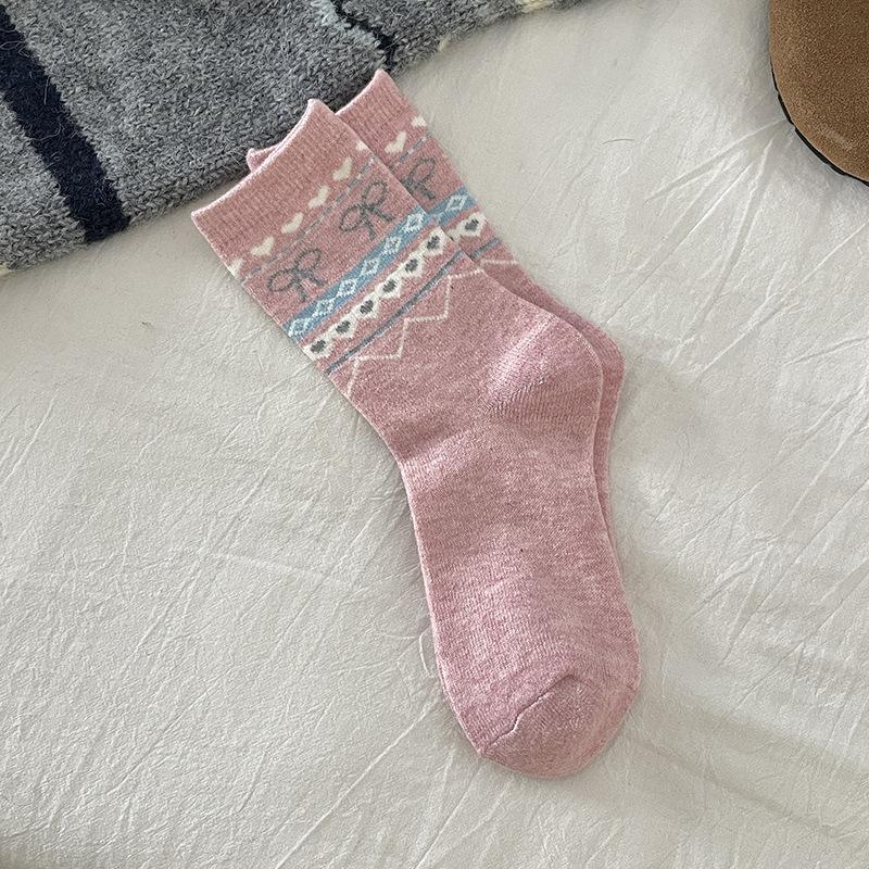 Female Autumn and Winter Warm and Thick Bow Match Color In The Tube Pile Socks