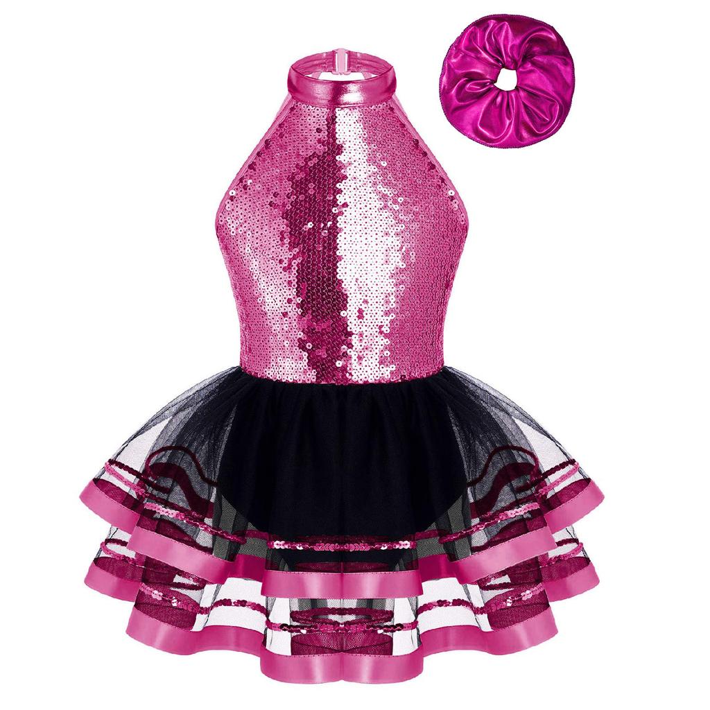 Girls Dance Performance Dress Halter Sleeveless Backless Design Sparkling Sequins Decorated Tutu Costume