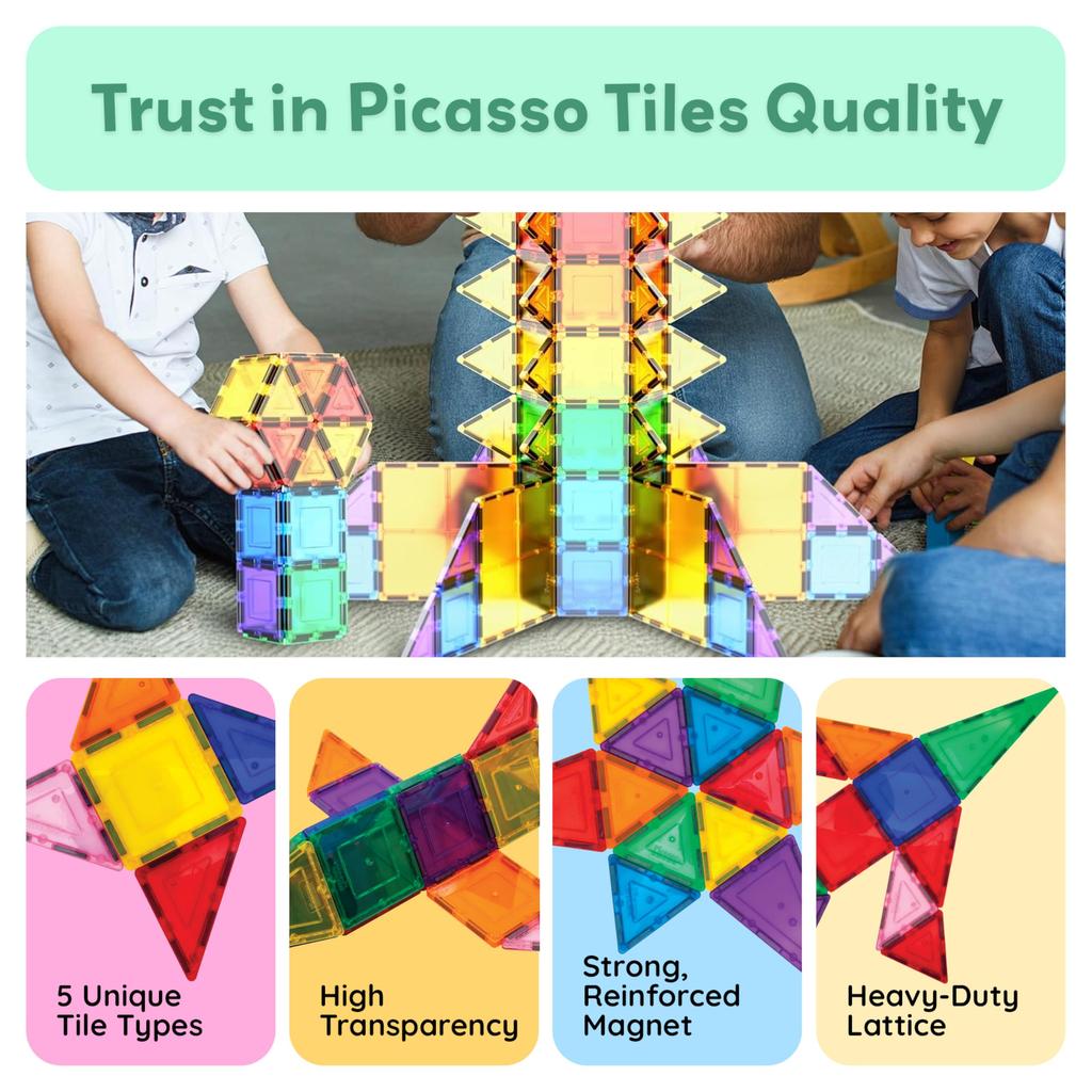 PicassoTiles 100 Piece Set 100pcs Magnet Building Tiles Clear Magnetic 3D Blocks Construction Playboards, Creativity Beyond Imagination, Inspirational