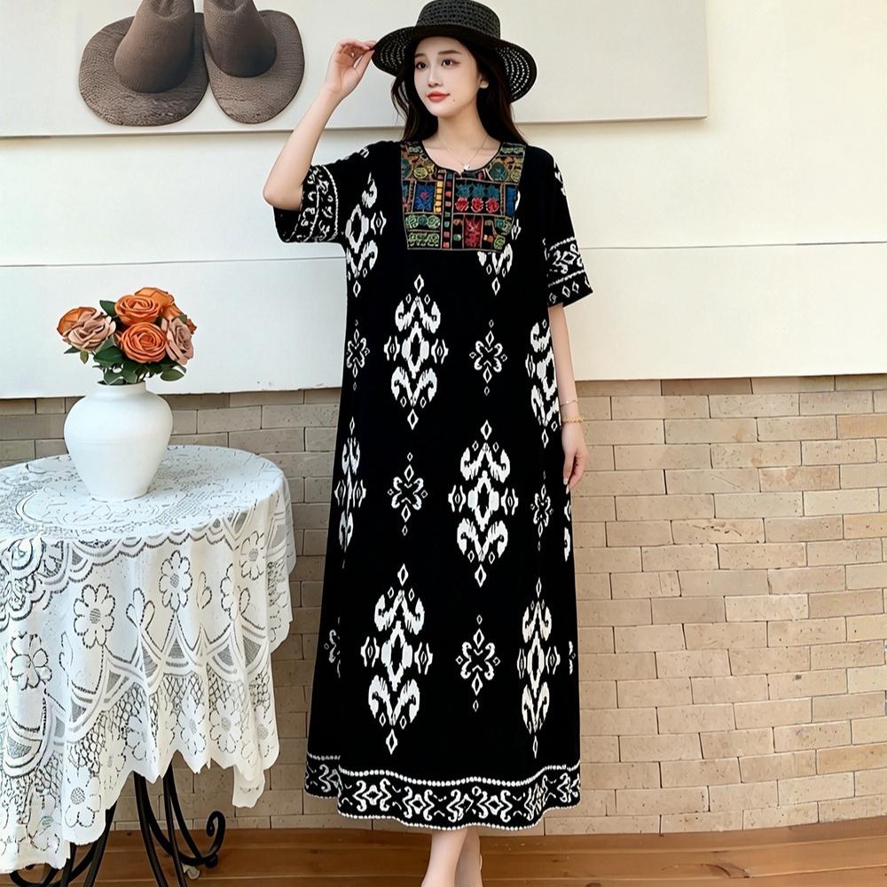 Bohemian Ethnic Print Long Dress Womens Short Sleeve Embroidered Neck Loose Casual Summer Dress