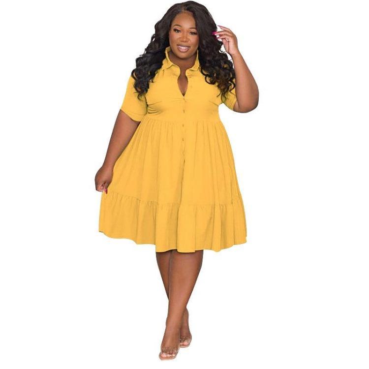 Elegant Casual Solid Color Shirt Dress Summer Short Sleeve Lapel for Plus Size Women