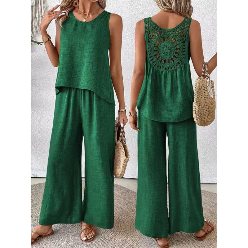 Simple Women's Suits Summer Fashion Sleeveless Loose Blouse Wide Leg Pants Two Piece Set For Women Casual Outfits