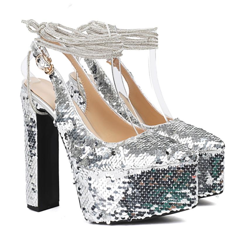 Luxussandalen Damen Sommerschuhe Plateau High Heels Slingback Gold Silber Pink Pumps Damen Hochzeit Tanz Stripperschuhe