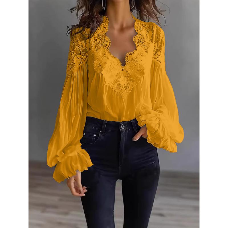 Nuova Blusa da Donna Patchwork di Pizzo con Maniche a Sbuffo e Pieghe - Primavera 2026