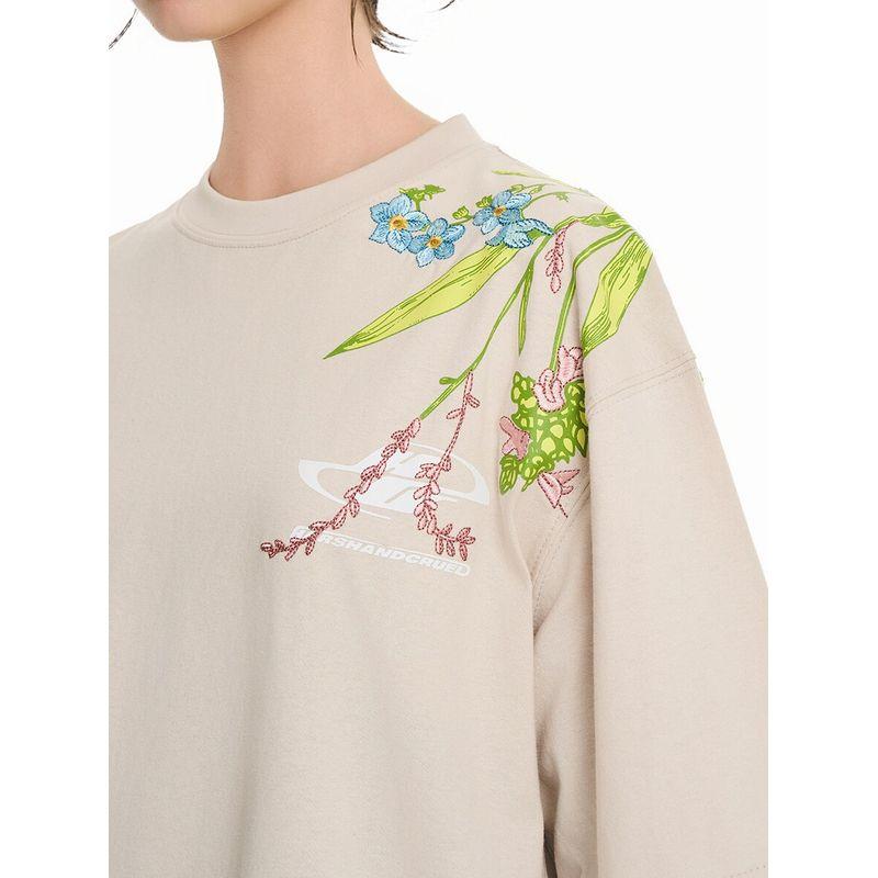 HACR's Harshandcruel New Chinese Street Florals Embroider Smoky Gray Short Sleeve T-shirt Couple