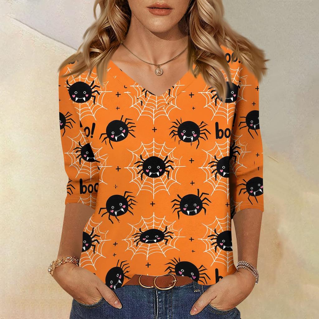 Women's Casual Halloween Print V-Neck Three-Quarter Sleeve Top