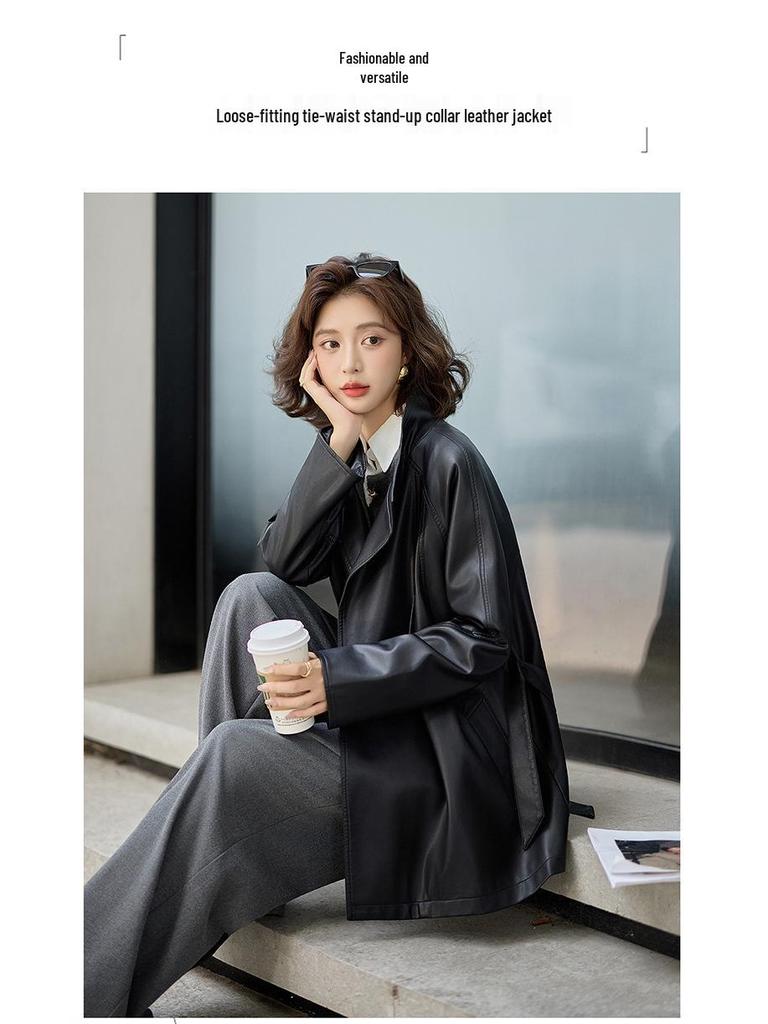 Women's Mid-Length Sheepskin Leather Motorcycle Jacket - Retro and Loose, Perfect for Spring and Autumn