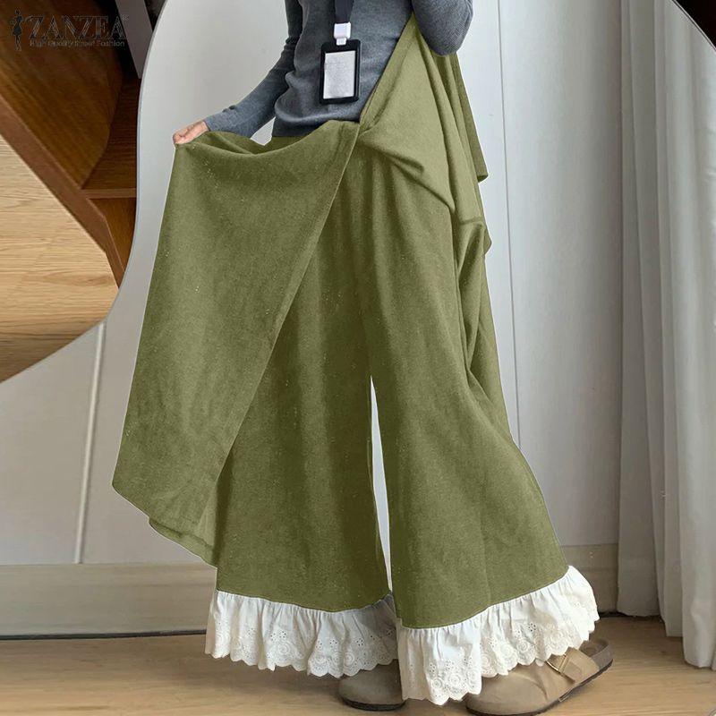 ZANZEA Women Casual Elastic Waist Loose Ruffled Lace Hem Wide Leg Pants Long Trousers