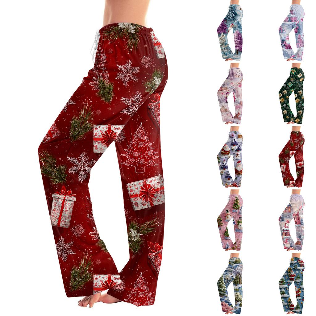 Ladies' Loose And Casual Christmas Printed Wide Leg Pants With Elastic Waistband Drawstring And Pocket Pants
