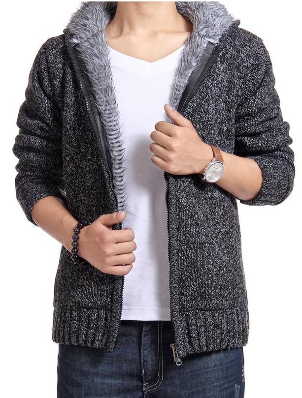 Men's Plus Size Hooded Zipper Knit Fleece Cardigan - European & American Style Sweater Coat Outerwear