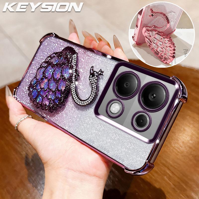 KEYSION Shockproof Plating Phone Case for Redmi Note 13 Pro 4G 13 5G Glitter Jewelled Swan Kickstand Cover for POCO X6 Pro M6 Pro