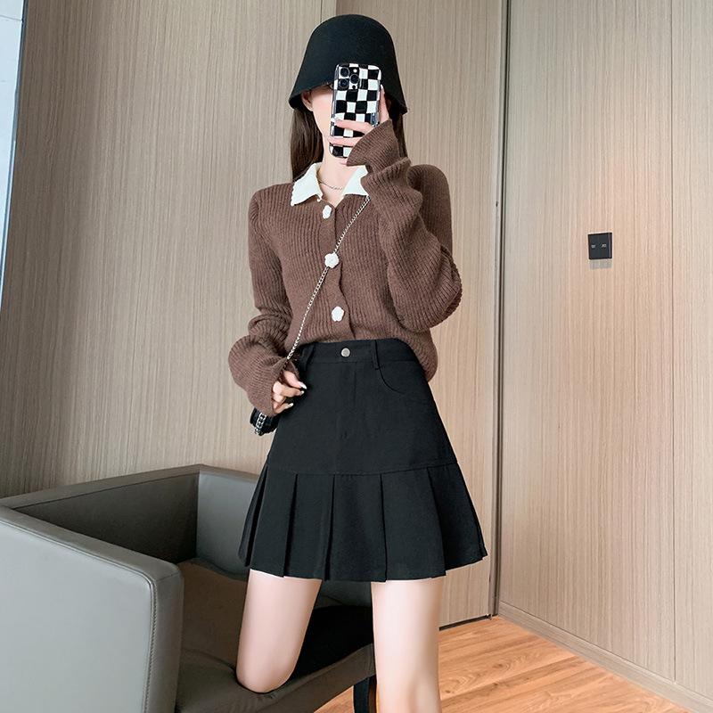 "2025 Women's Gray Pleated A-Line Skirt - High-Waist, Slim College Style for Spring & Autumn"