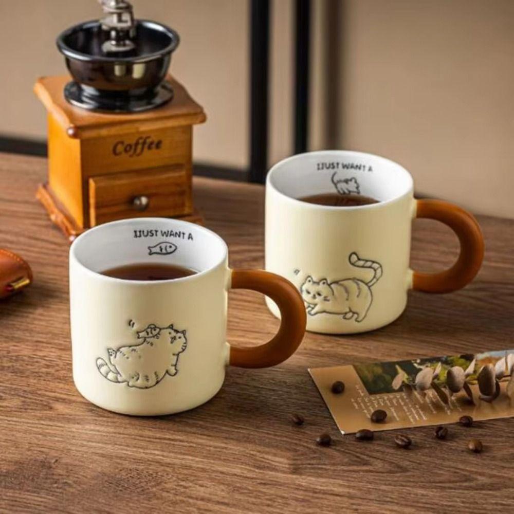 Hand Drawn Ceramic Coffee Cup with Spoon Water Cup with Lid Cartoon Cat Drinkware  Milk