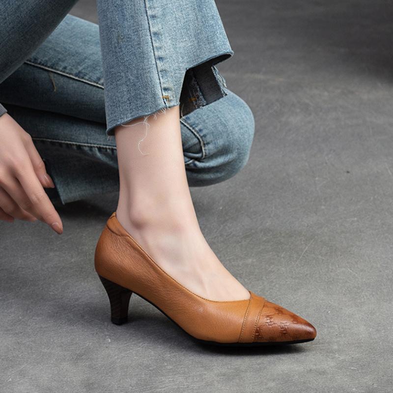 Johnature Pantofi cu toc cu varf ascutit Pantofi de dama de moda din piele naturala