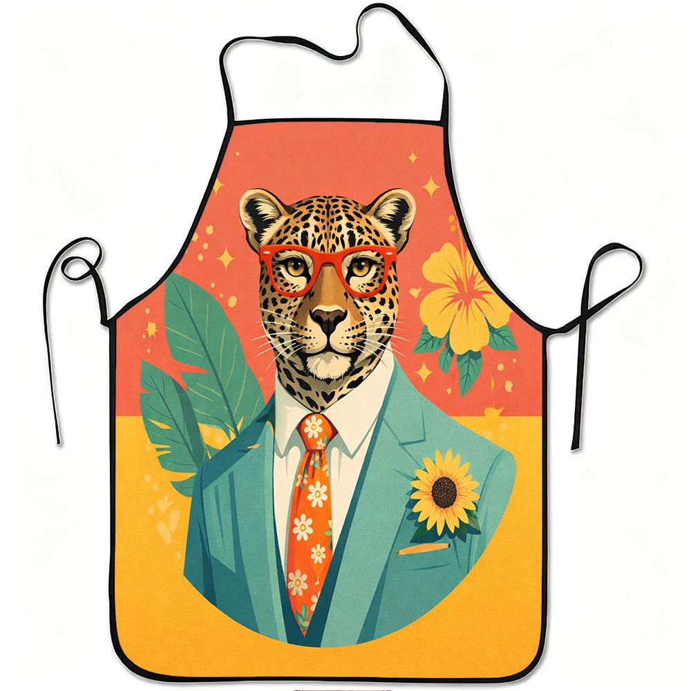 1pc Leopard Gentleman Floral Print Apron, Durable and Easy to Clean, Adjustable Waistband, Polyester Material, for Kitchen Cooking, Gardening, Orchard