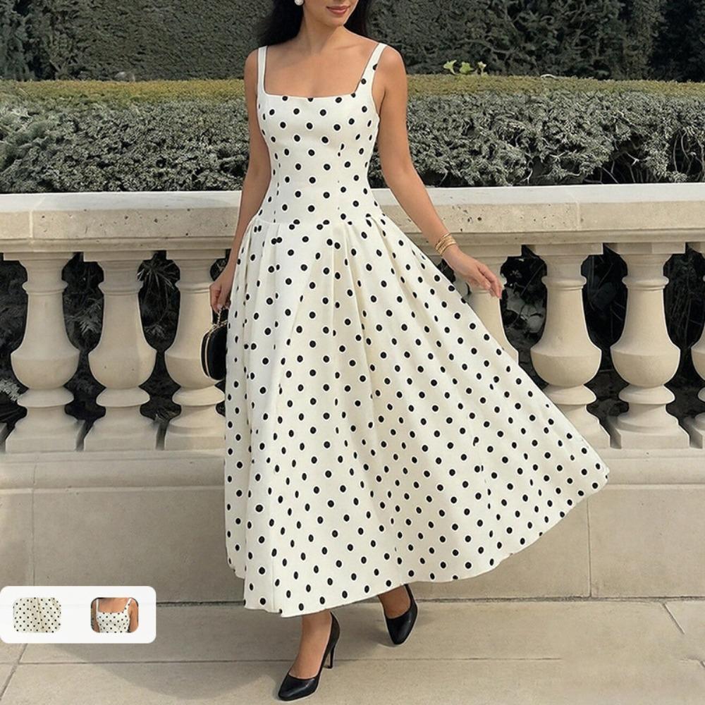 Women's Square Neck Sleeveless Polka Dot Maxi Dress High Waist Elegant Swing Dress