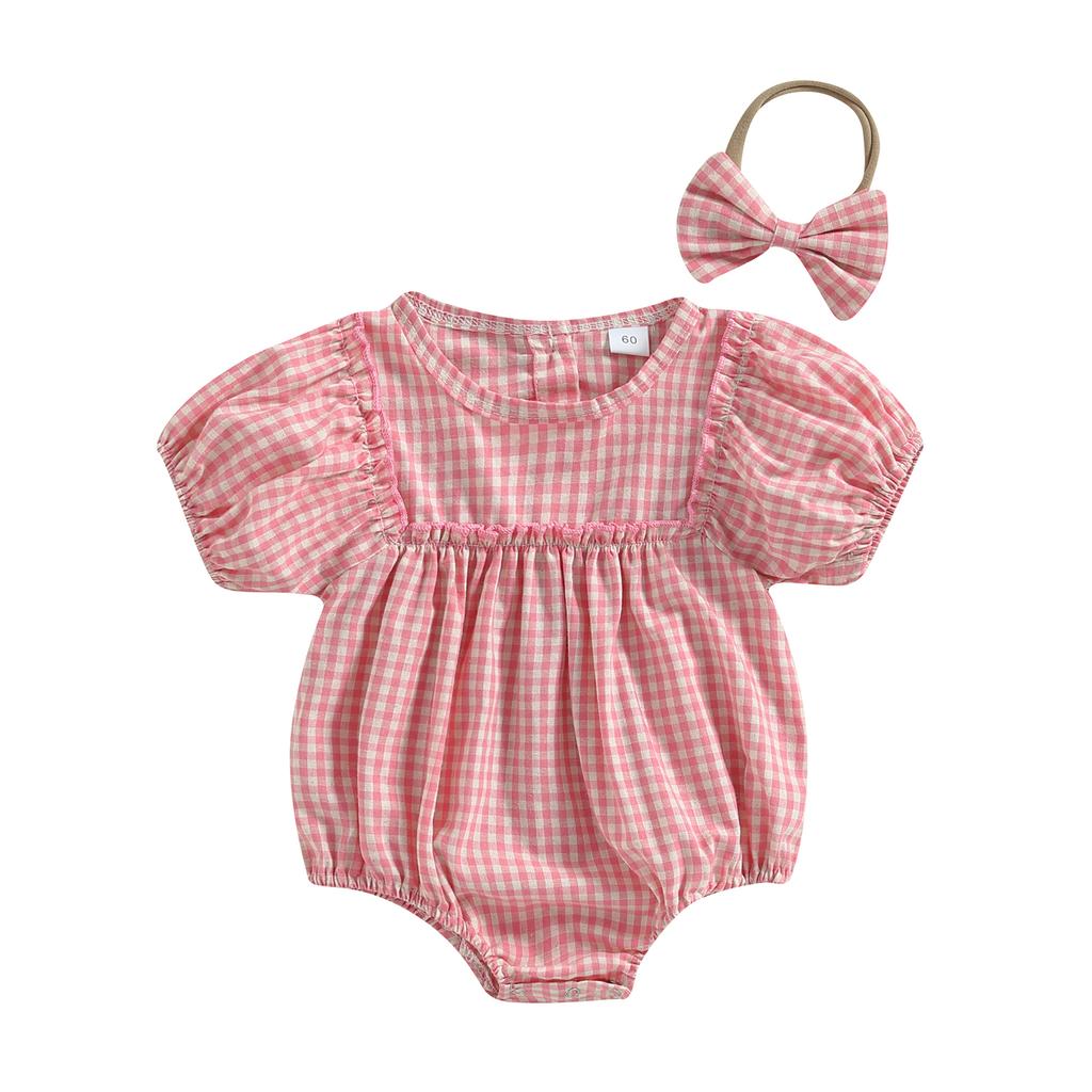 Baby Girl 2Pcs Summer Outfits, Short Puff Sleeve Plaid Print Romper with Headband Set