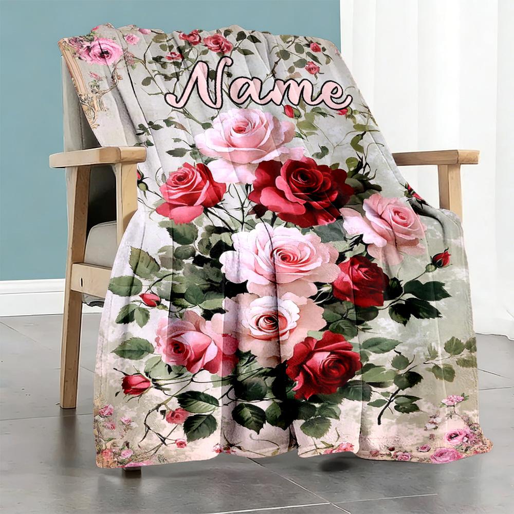 Vintage Pink Peony Flowers Personalized Text Blanket Cozy Personalized Blanket Comfortable Suitable for Living Room Livingroom Couch Seaside