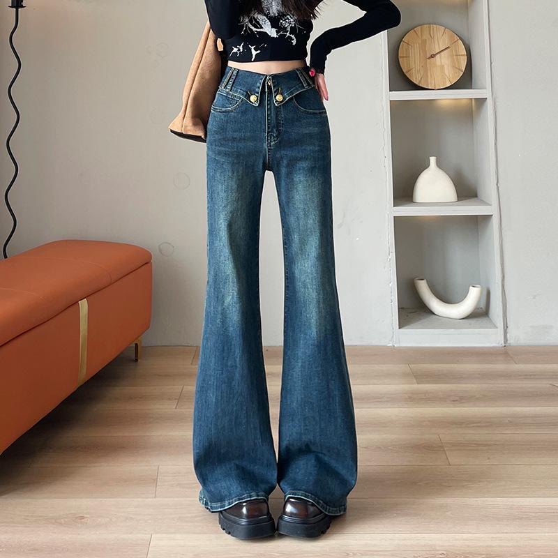 

Nostalgic Blue High Waist Flared Denim Pants - Slim Fit, Fashionable Stretch Jeans for Women, Perfect for Spring and Autumn XL [120-135 lbs]