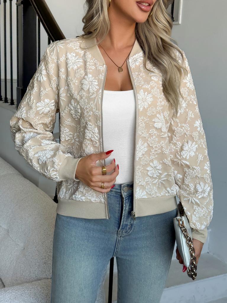 Women Autumn Winter Jacquard Zipper Jackets Elegant Loose Casual Tops Coat