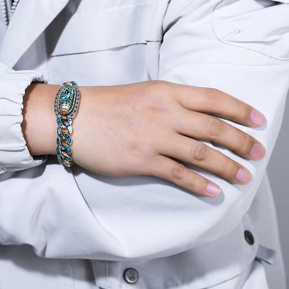 Turquoise Six-character Mantra Nine-eyed Dzi Bead Bracelet, Style W Tibetan H6I0