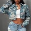 Women's Point Collar Long Sleeve Floral Printed Cropped Jacket Slim Fit Streetwear Denim Jacket Fashion Coat