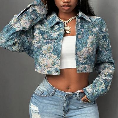 Dames Point Collar Lange Mouwen Bloemenprint Cropped Jas Slim Fit Streetwear Denim Jas Modejas