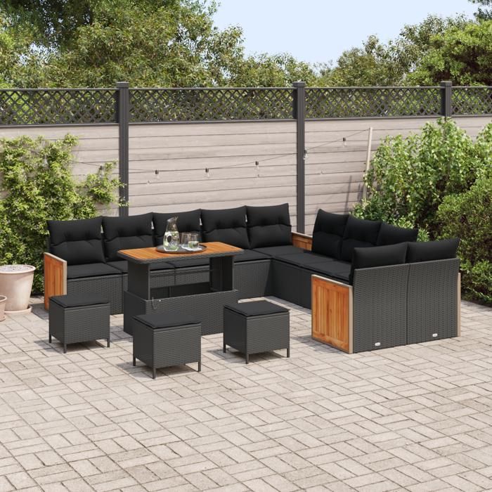Ensemble de canapé de jardin de 14 pièces avec coussins noir en rotin synthétique, Ensemble de salle à manger de jardin de 4 3365319