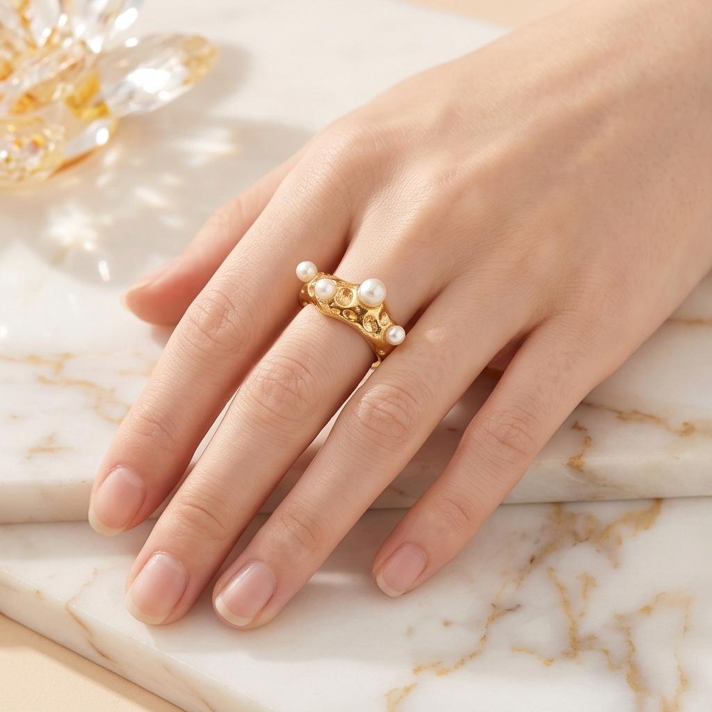 Vintage Pearl Inlaid Stainless Steel Open Ring - Artistic, Versatile, and Irregular-Shaped Jewelry