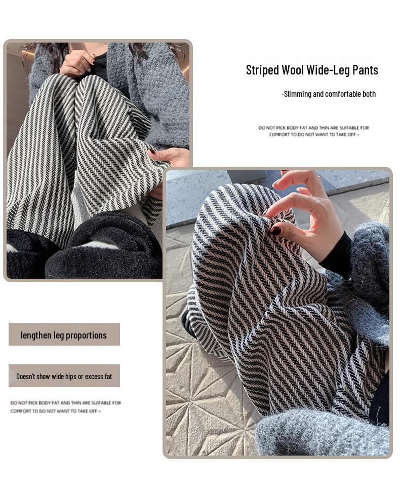 Striped Woolen Drawstring Wide-Leg Pants for Women – High Waist Black & White, Petite 150, XS, Autumn/Winter Casual.