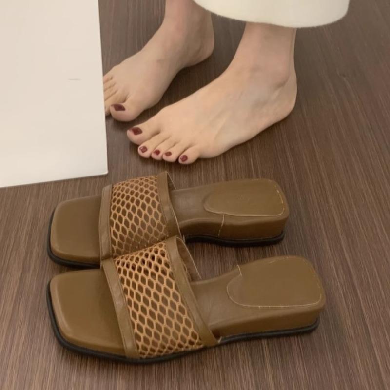 Mesh Hollow Mesh Flip-flops Women's Summer New Square Toe Open Toe Casual Wear Soft Sole Mid-heel Sandals and Slippers