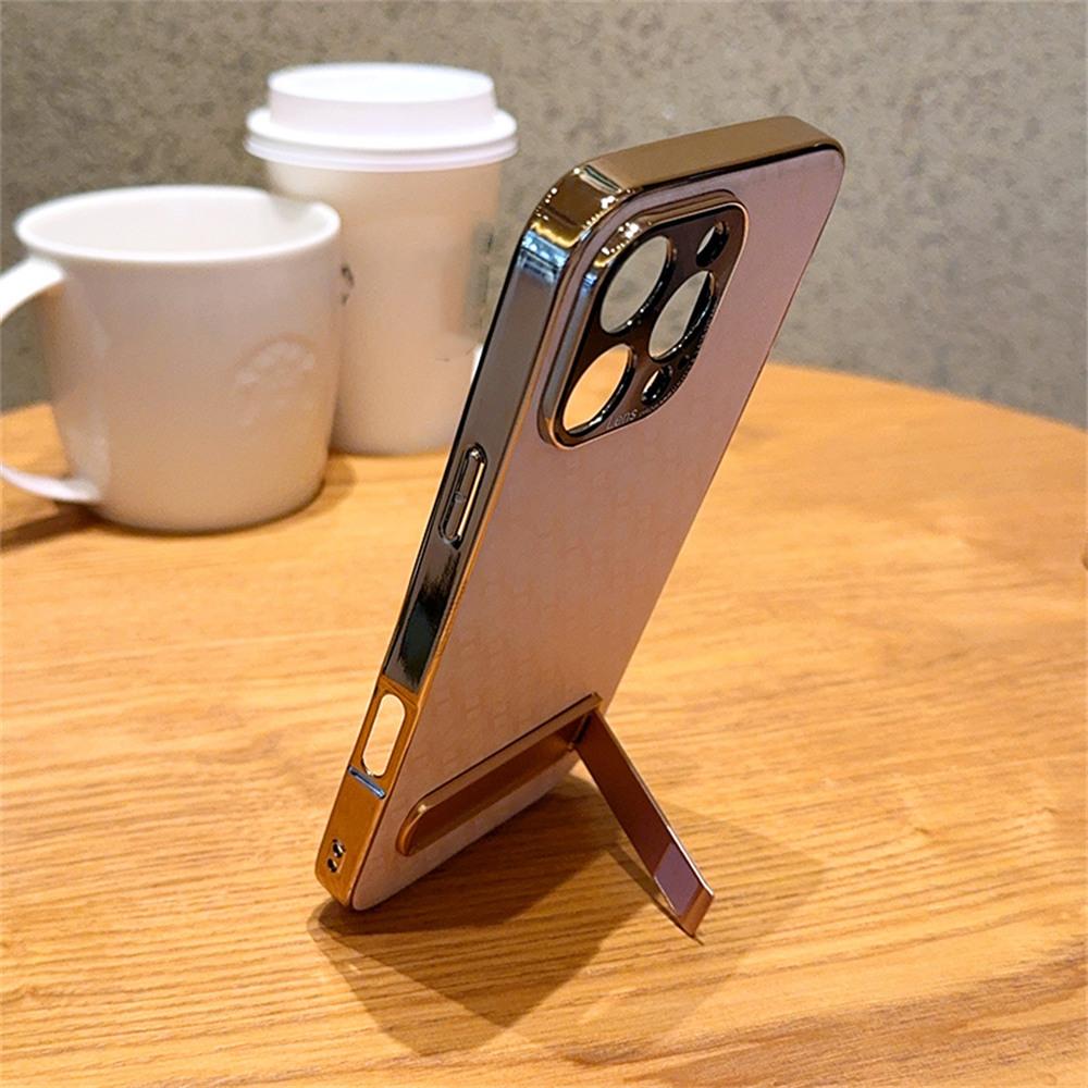 For iPhone 16 Pro Case PU Leather+PC Electroplated Phone Cover with Kickstand