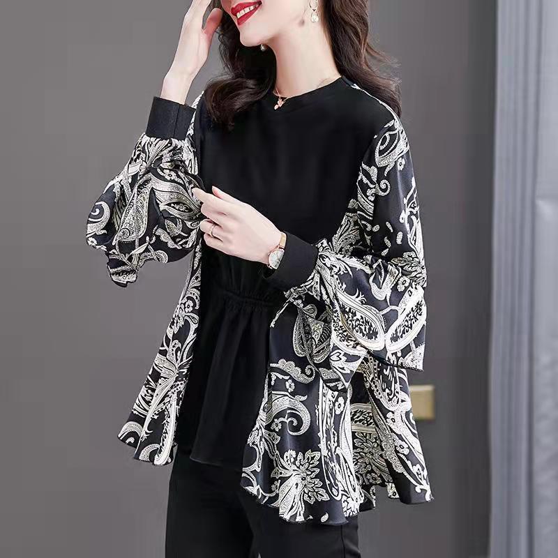 Casual Fashion O-neck Straight Loose Long Sleeved T-shirts Patchwork Print All-match Trend Spring Autumn Women's Clothing 2022