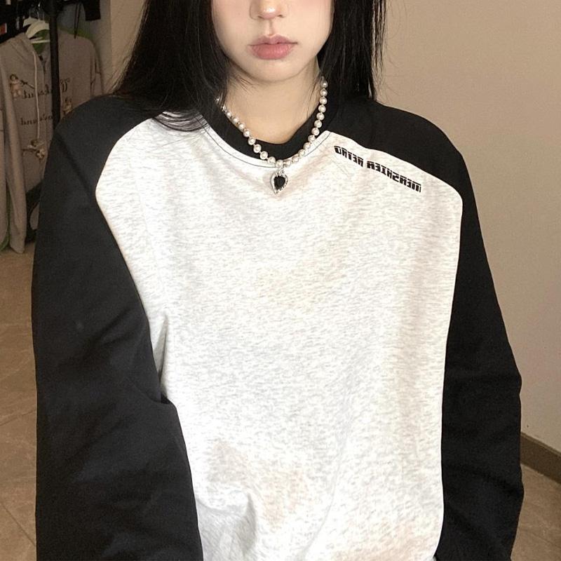 Spring and Autumn Niche Raglan Long Sleeved Contrasting Round Neck Loose Fitting Casual Oversize Fashion Versatile T-shirt