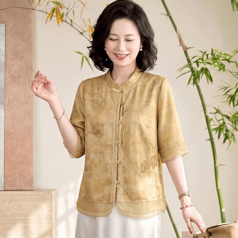 Yuzhaolin New Chinese Style Butterfly Embroidered Summer Shirt for Moms 4XL