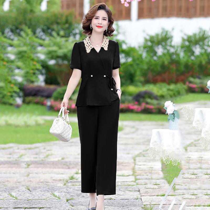 Solid Color Chiffon Suit Summer Office Lady Loose Casual Two-piece Short-sleeved Shirt + Loose Wide-leg Pants Summer
