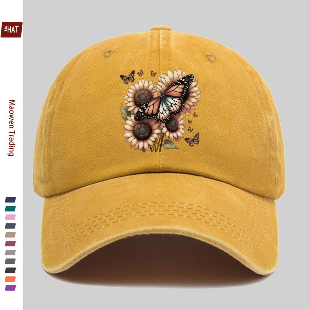 Pc Pcs Vintage Butterfly Sunflower Trucker Cap Adjustable Snapback Washed Baseball Hat Suitable for Men Women Lightweig