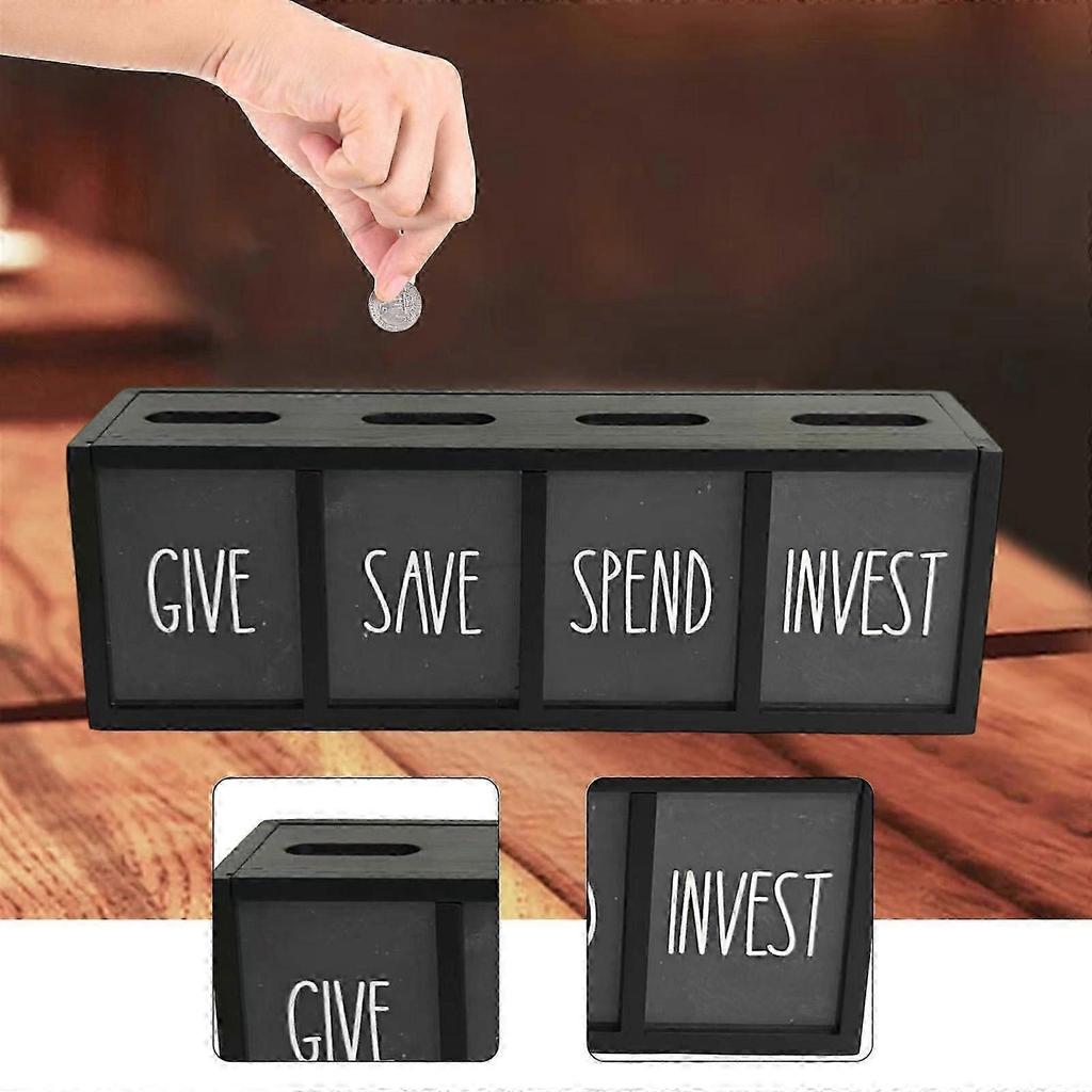 Wooden Piggy Bank Money Saving Box Rustic for Bills with 4 Compartments Change less