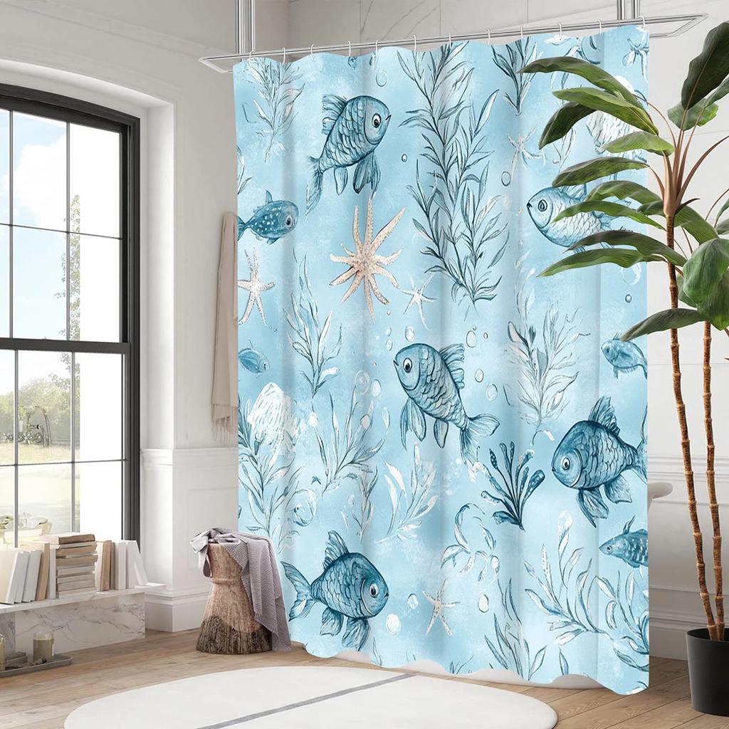 Lovely Fishes Pattern Bathing Curtain Bathroom Shower Curtain Waterproof With 12 Hooks Home Deco