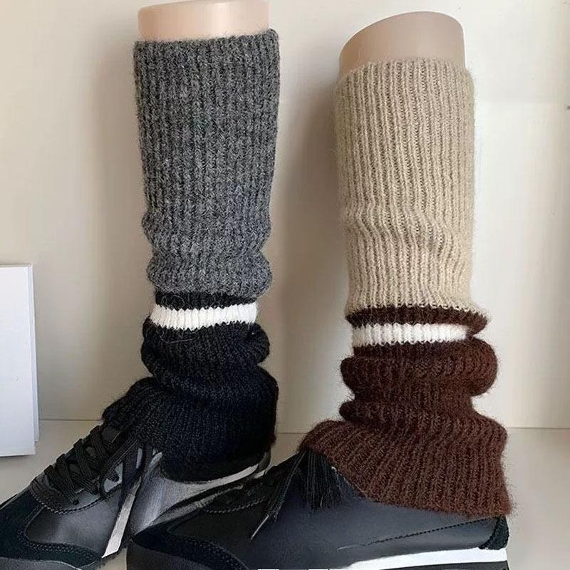 New Vintage Thickened Warm Leg Warmers Y2k Women Color Block Wool Knitted Long Socks Stacking Boot Cuffs New Design 2026