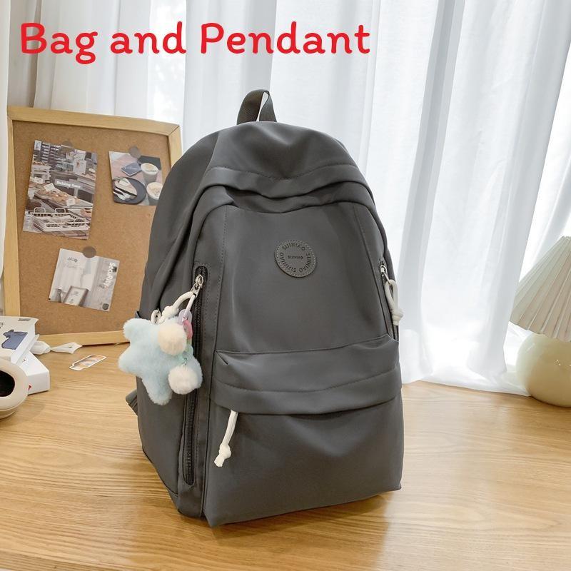 Simple Solid Color Student Lightweight Backpack With Plush Pendant For School